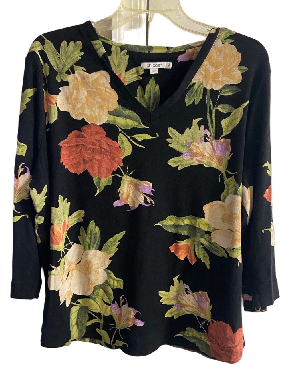 Chico's Floral V-Neck 3/4 Sleeve Knit Top Botanical Print Blouse Pima Cotton XXL